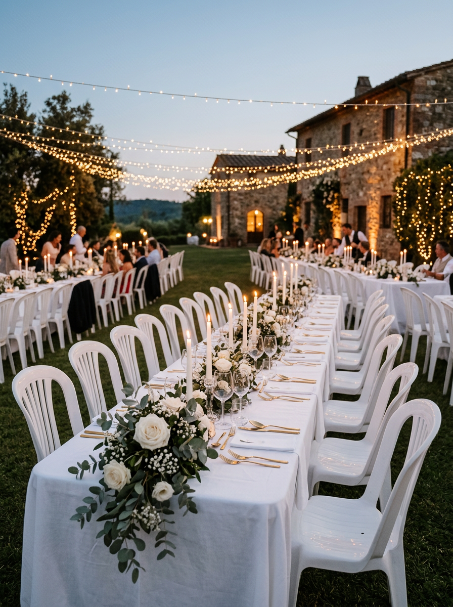 Casamento com mesas e cadeiras
